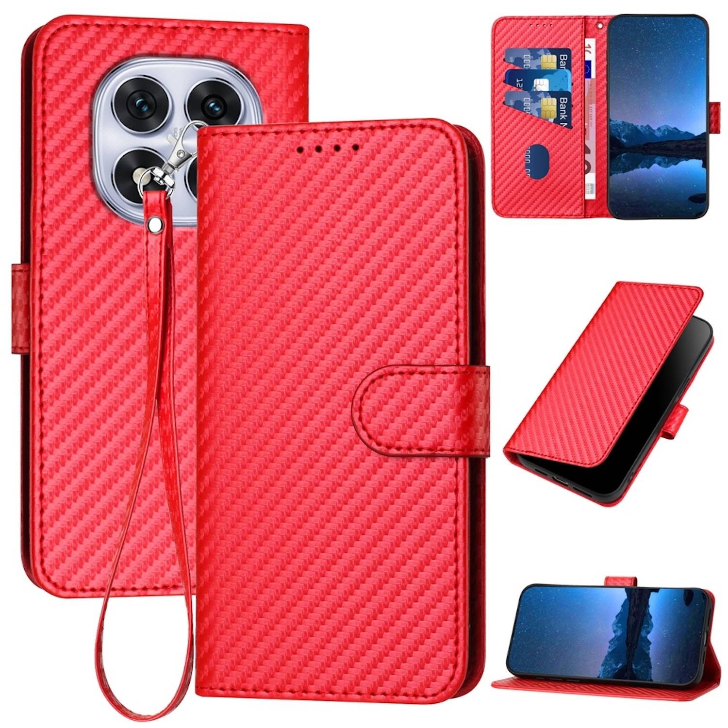 Für Xiaomi Redmi Note 14 Pro 5G Carbon Fiber Kunstleder Hülle mit Lanyard Rot