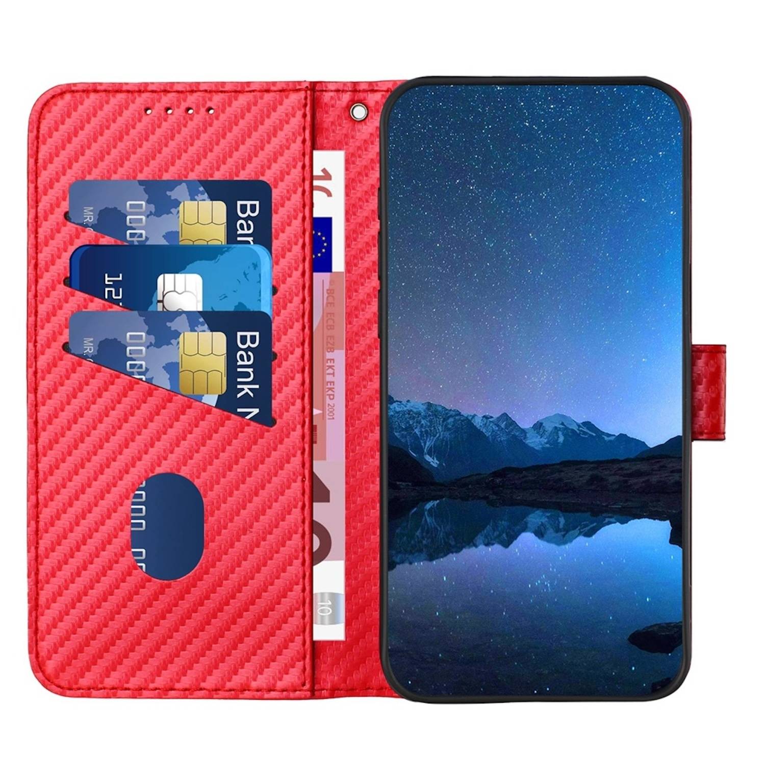 Für Xiaomi Redmi Note 14 Pro Plus 5G Carbon Fiber Kunstleder Hülle mit Lanyard Rot