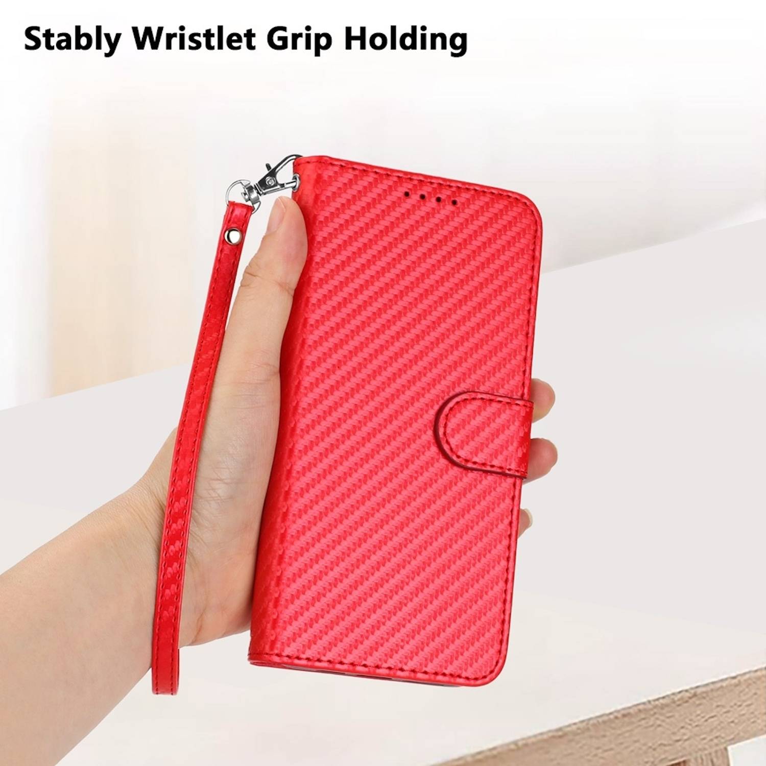 Für Xiaomi Redmi Note 14 Pro Plus 5G Carbon Fiber Kunstleder Hülle mit Lanyard Rot
