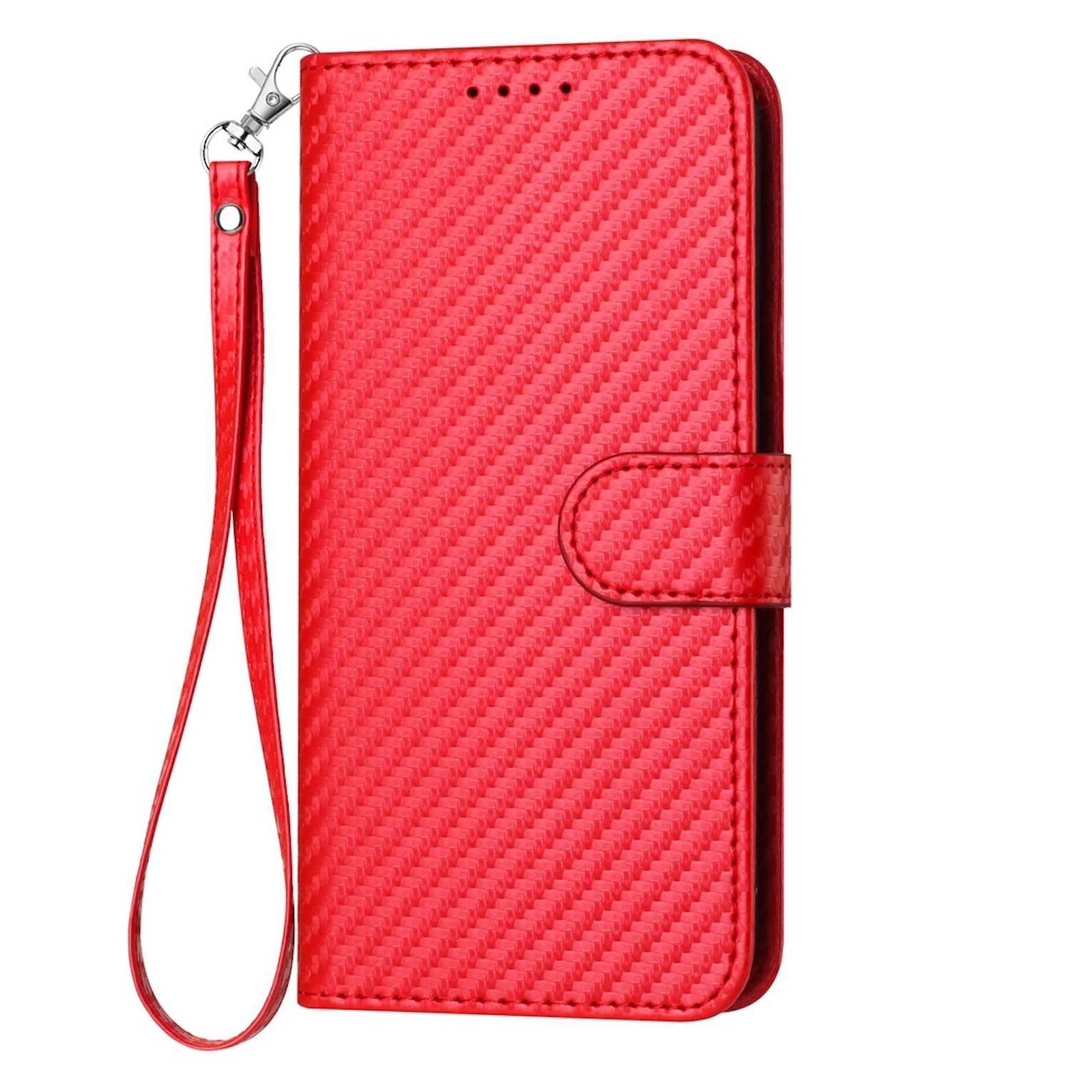 Für Xiaomi Redmi Note 14 Pro Plus 5G Carbon Fiber Kunstleder Hülle mit Lanyard Rot