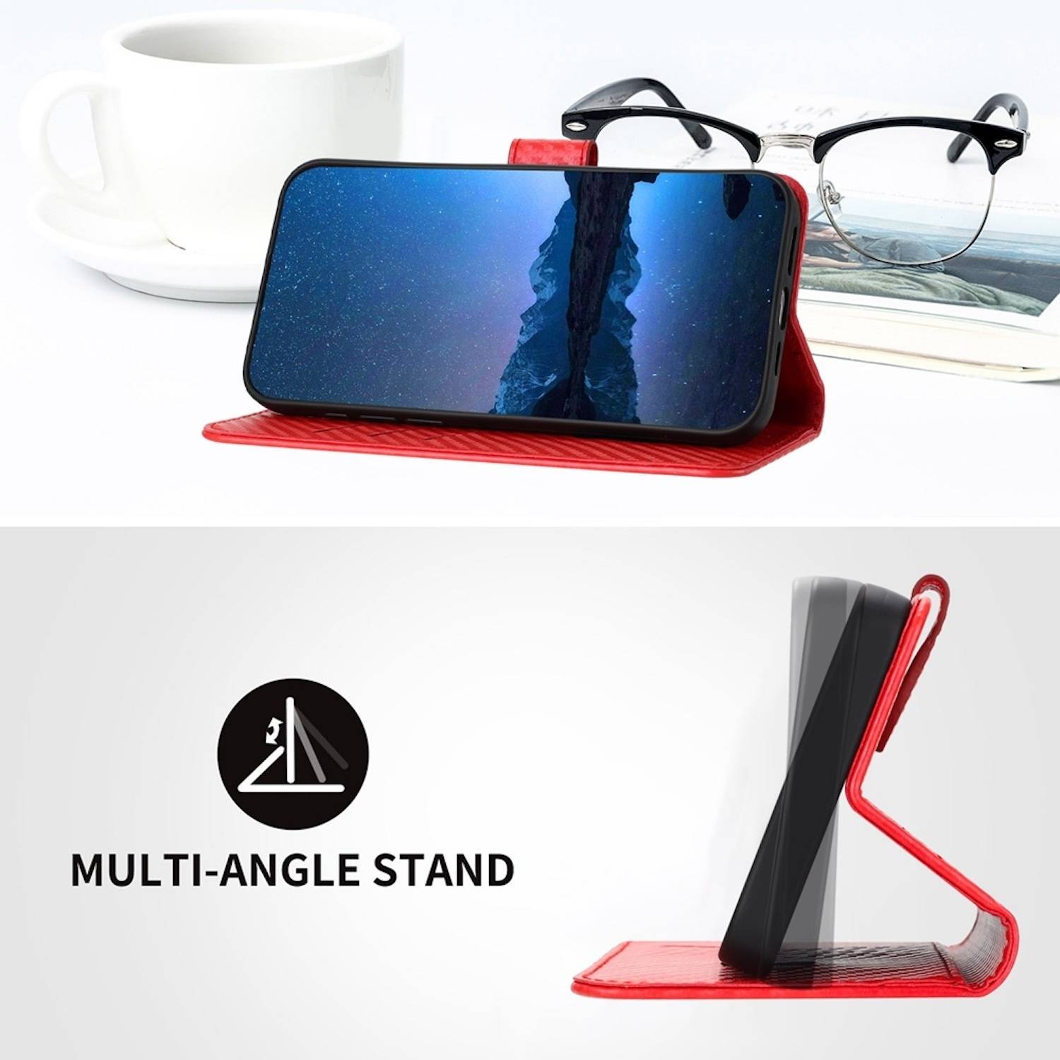 Für Xiaomi Redmi Note 14 Pro 5G Carbon Fiber Kunstleder Hülle mit Lanyard Rot