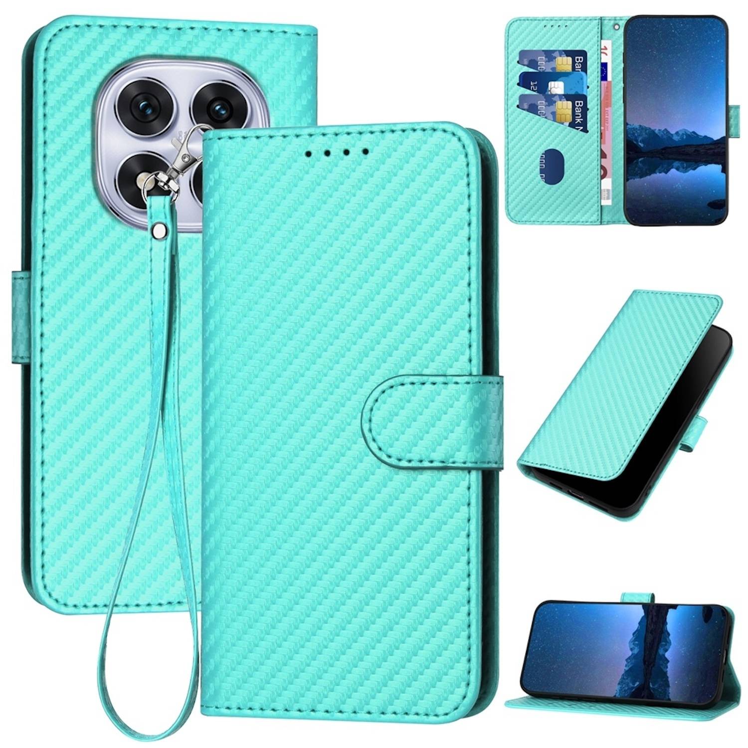 Für Xiaomi Redmi Note 14 Pro 5G Carbon Fiber Kunstleder Hülle mit Lanyard Türkis