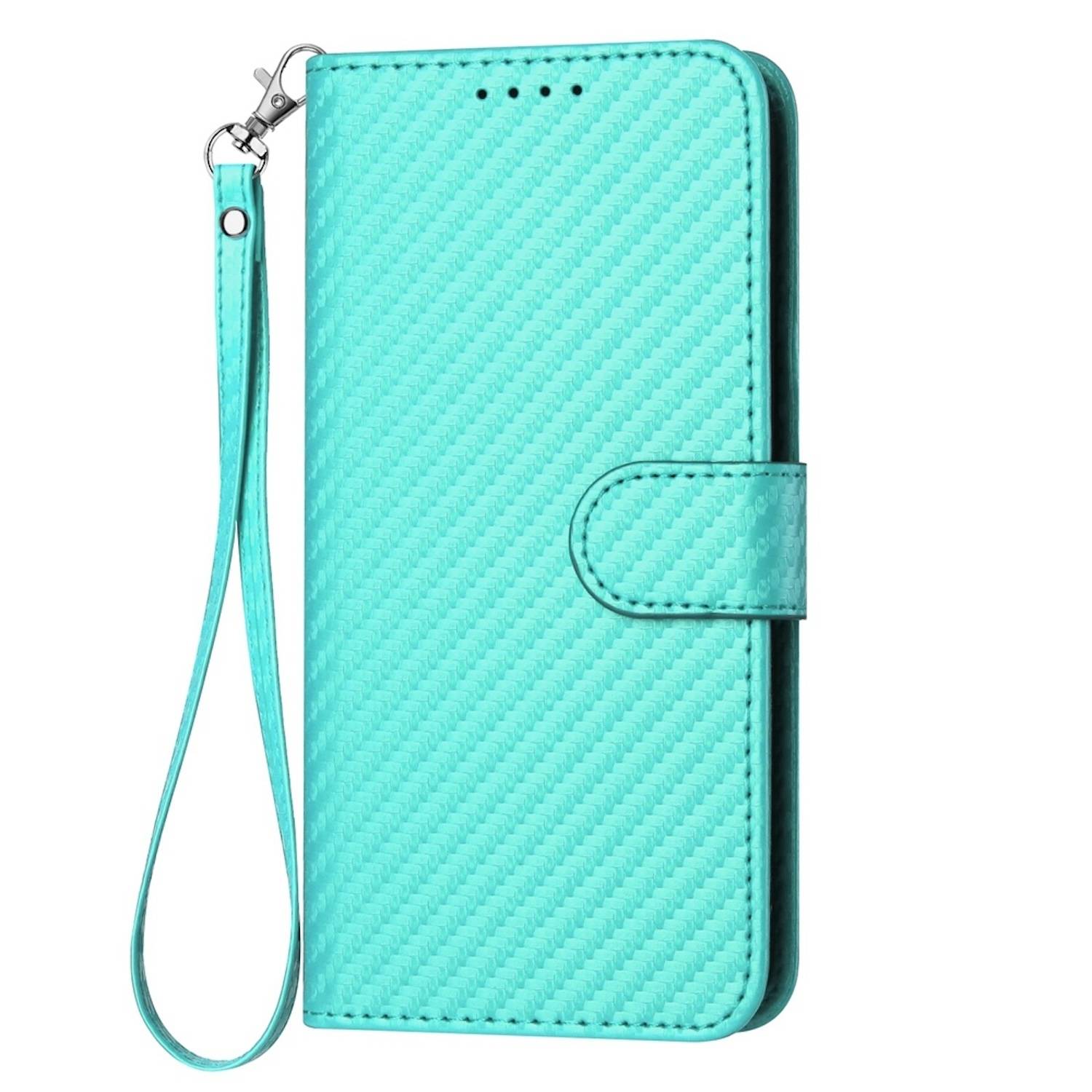 Für Xiaomi Redmi Note 14 Pro 5G Carbon Fiber Kunstleder Hülle mit Lanyard Türkis