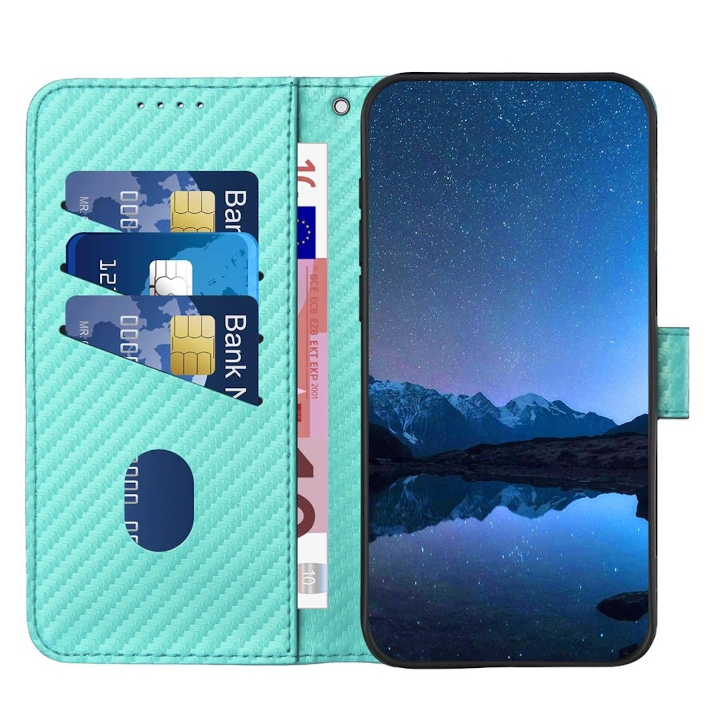Für Xiaomi Redmi Note 14 Pro 5G Carbon Fiber Kunstleder Hülle mit Lanyard Türkis