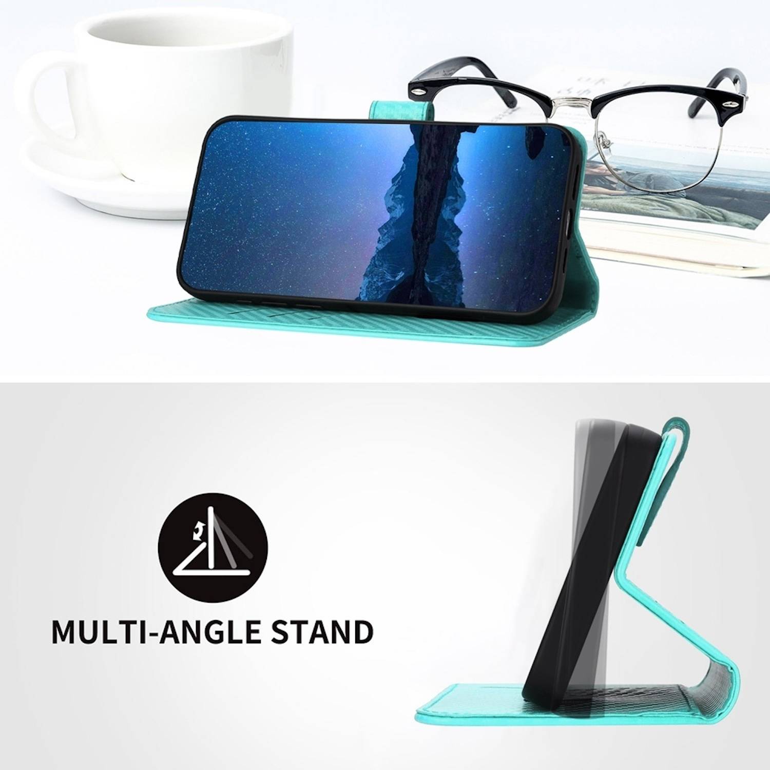 Für Xiaomi Redmi Note 14 Pro 5G Carbon Fiber Kunstleder Hülle mit Lanyard Türkis