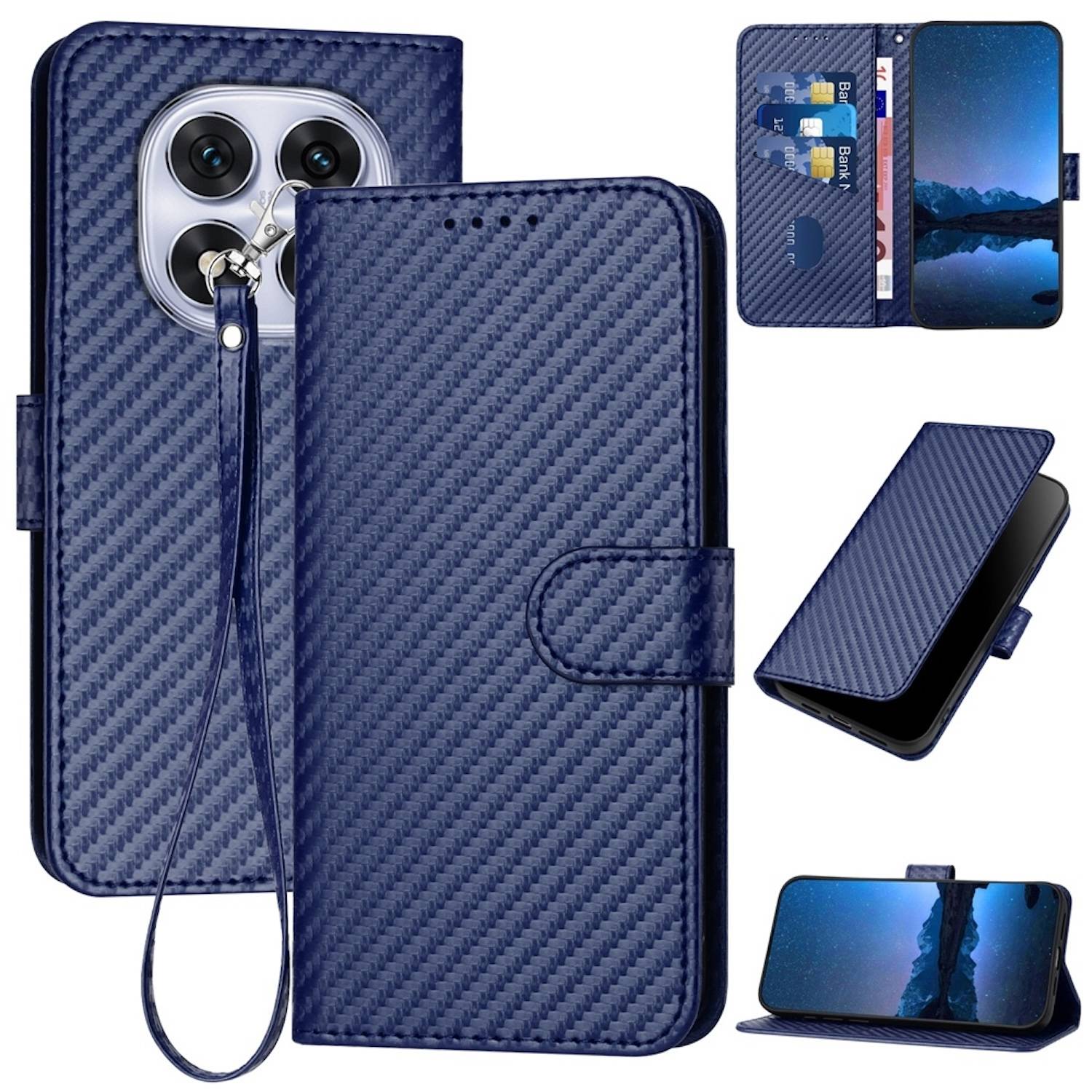 Für Xiaomi Redmi Note 14 Pro 5G Carbon Fiber Kunstleder Hülle mit Lanyard Dunkelblau