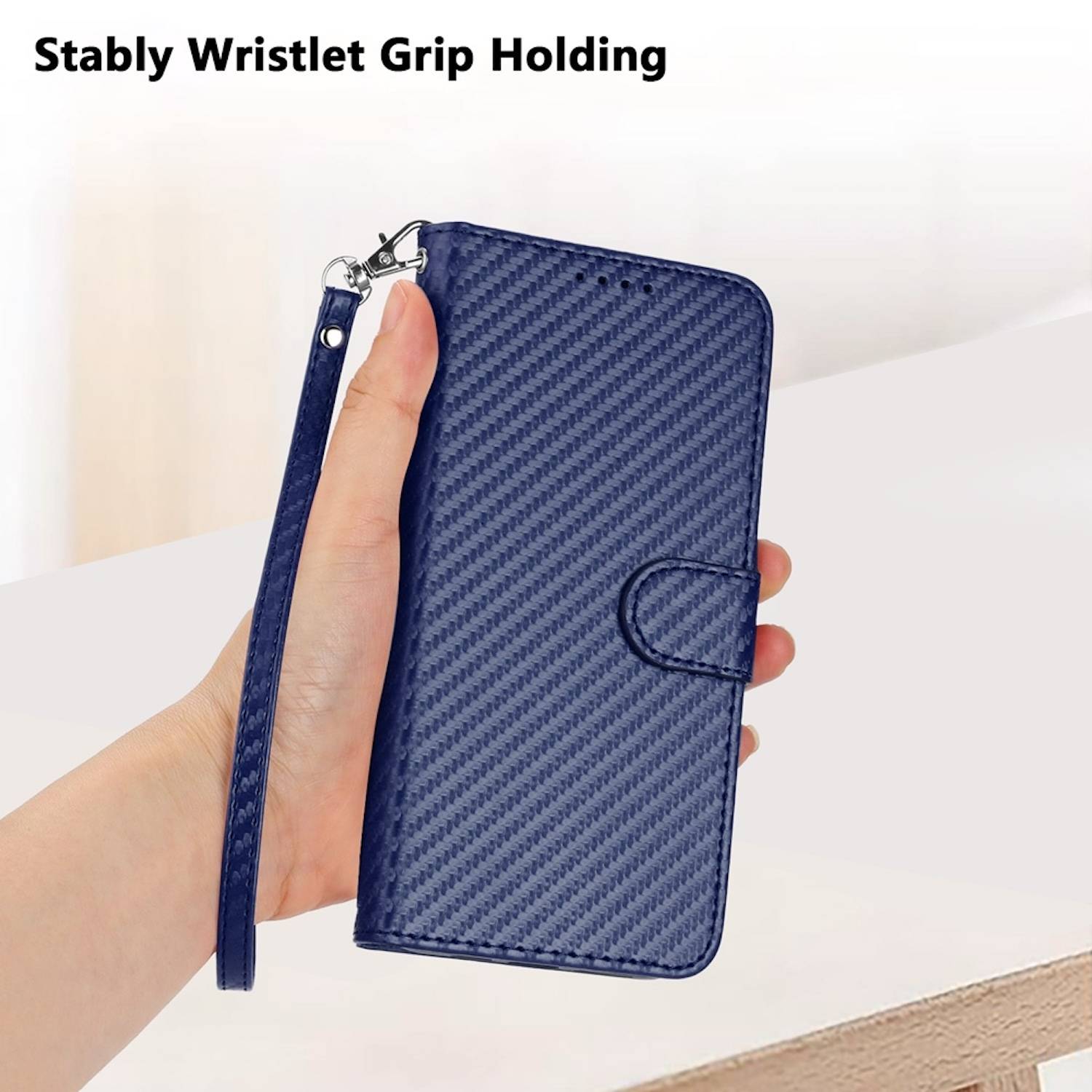 Für Xiaomi Redmi Note 14 Pro 5G Carbon Fiber Kunstleder Hülle mit Lanyard Dunkelblau