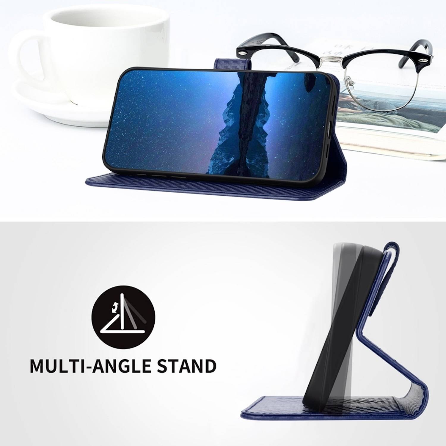 Für Xiaomi Redmi Note 14 Pro Plus 5G Carbon Fiber Kunstleder Hülle mit Lanyard Dunkelblau