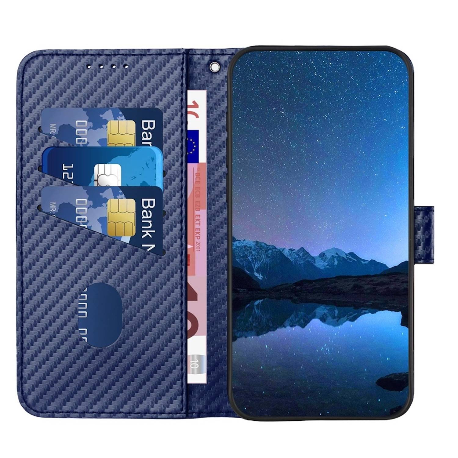 Für Xiaomi Redmi Note 14 Pro Plus 5G Carbon Fiber Kunstleder Hülle mit Lanyard Dunkelblau