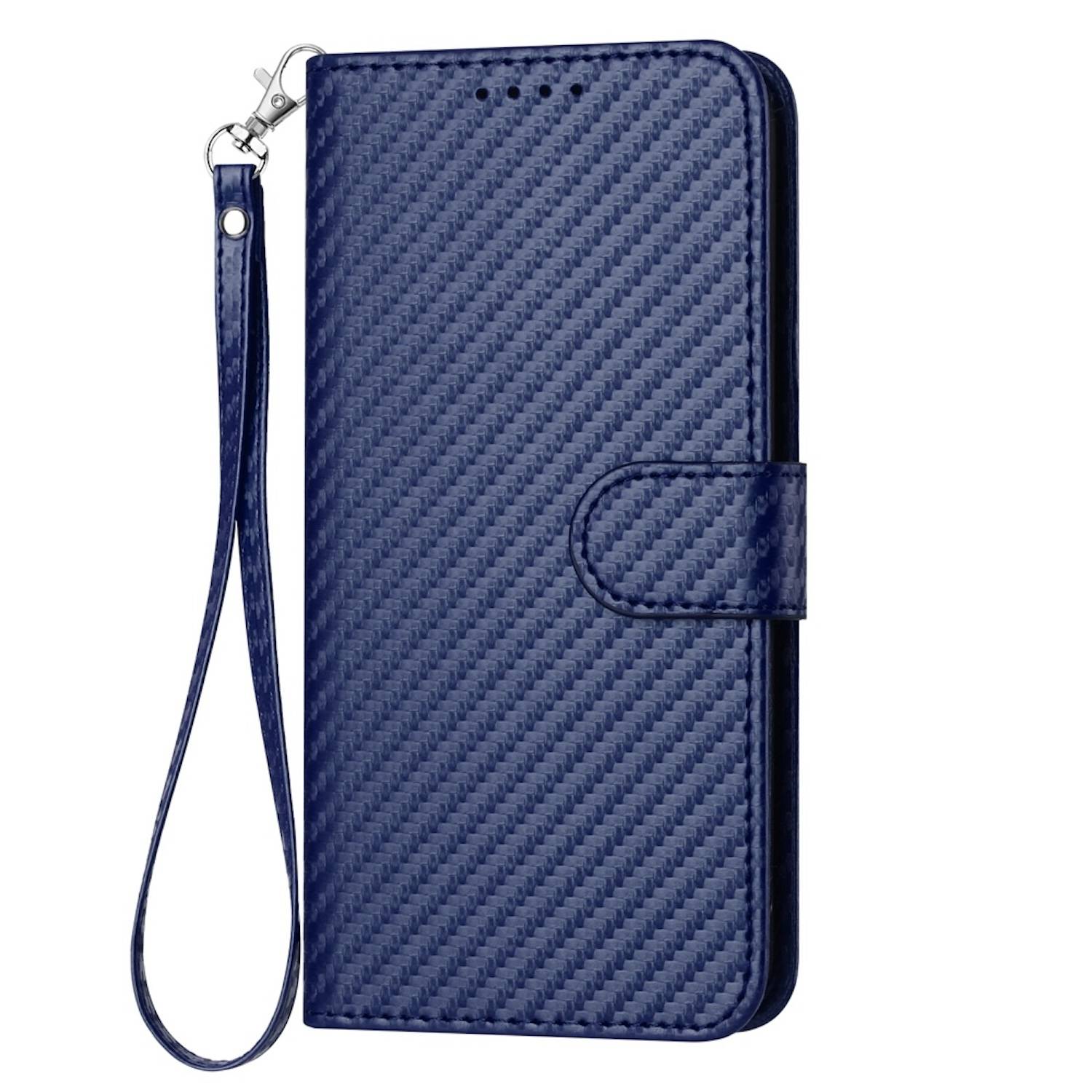 Für Xiaomi Redmi Note 14 Pro Plus 5G Carbon Fiber Kunstleder Hülle mit Lanyard Dunkelblau