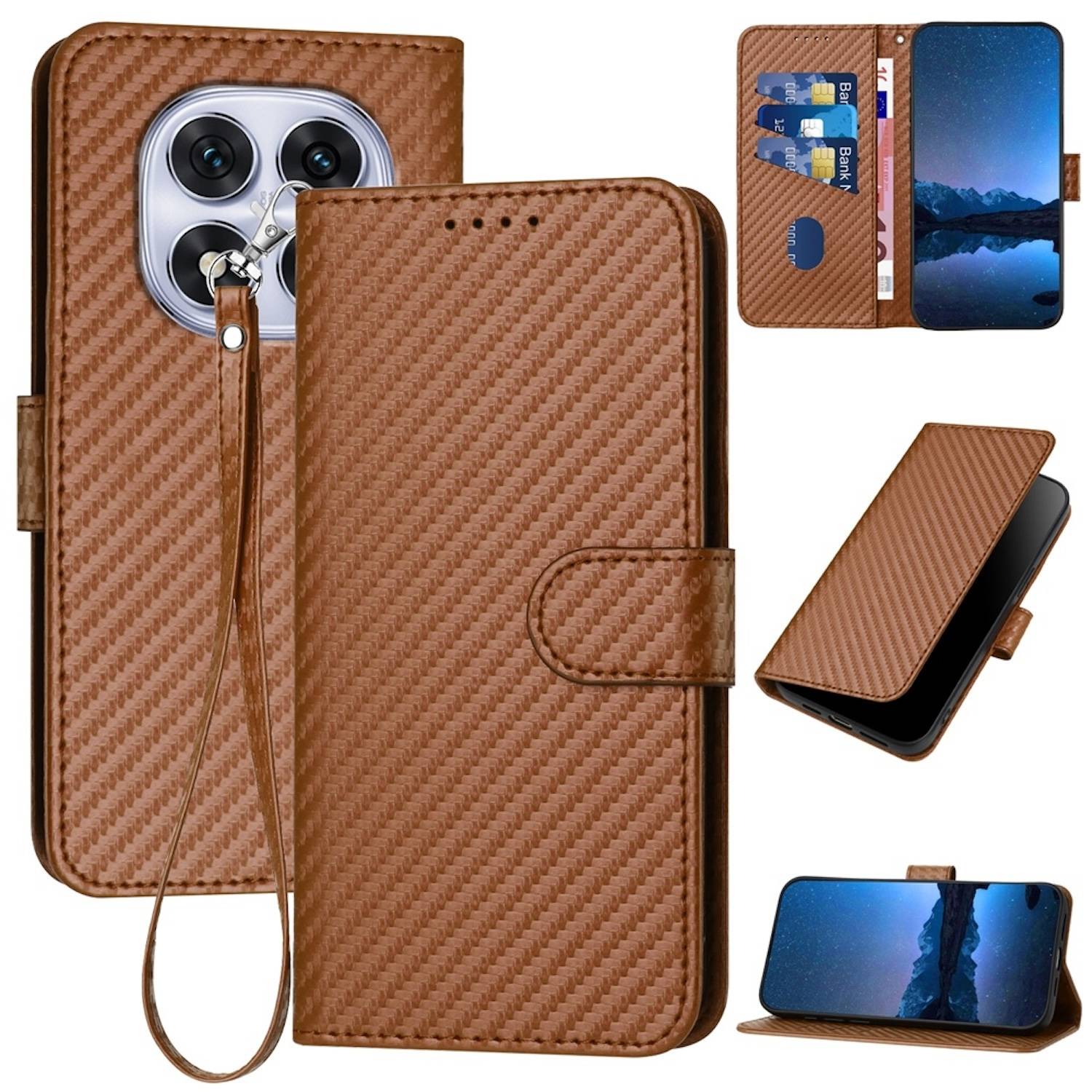 Für Xiaomi Redmi Note 14 Pro 5G Carbon Fiber Kunstleder Hülle mit Lanyard Braun
