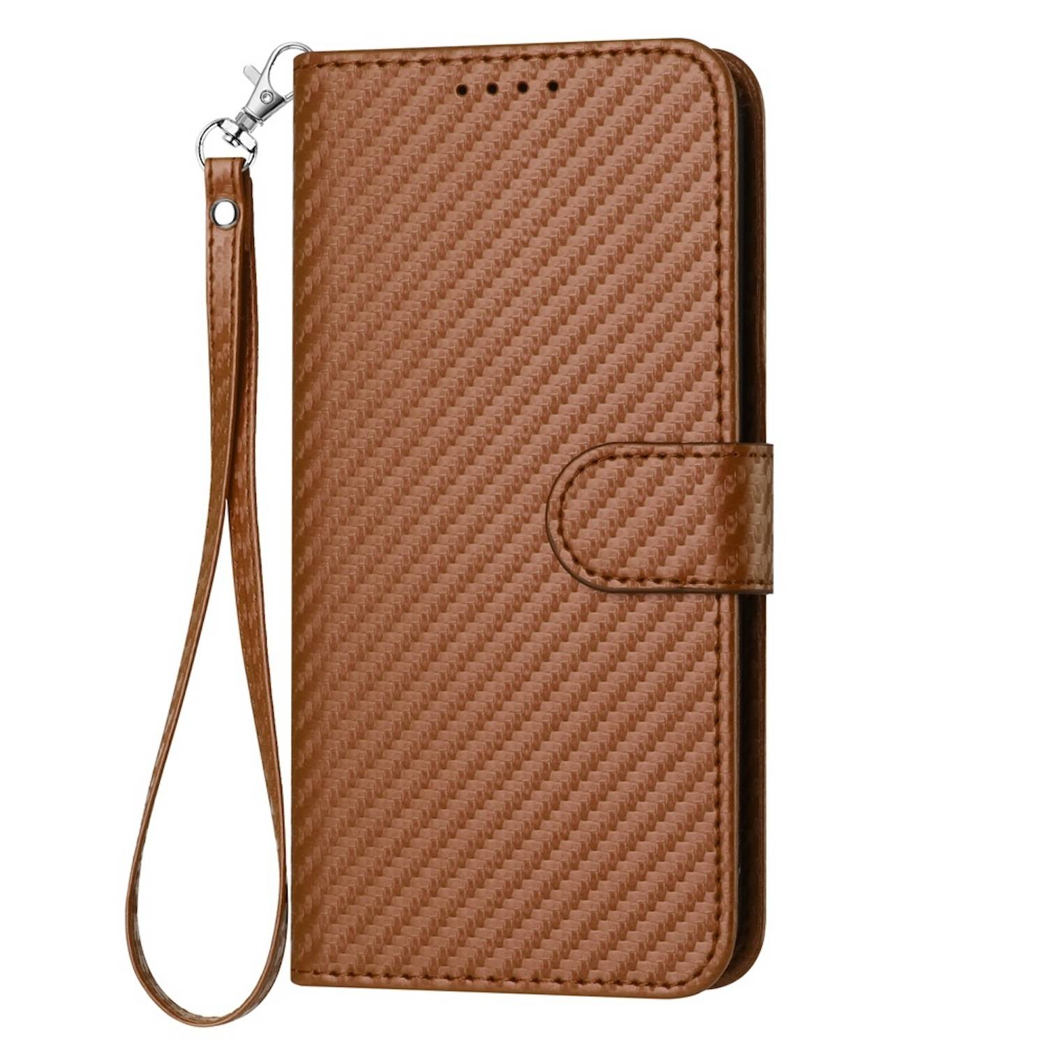 Für Xiaomi Redmi Note 14 Pro Plus 5G Carbon Fiber Kunstleder Hülle mit Lanyard Braun