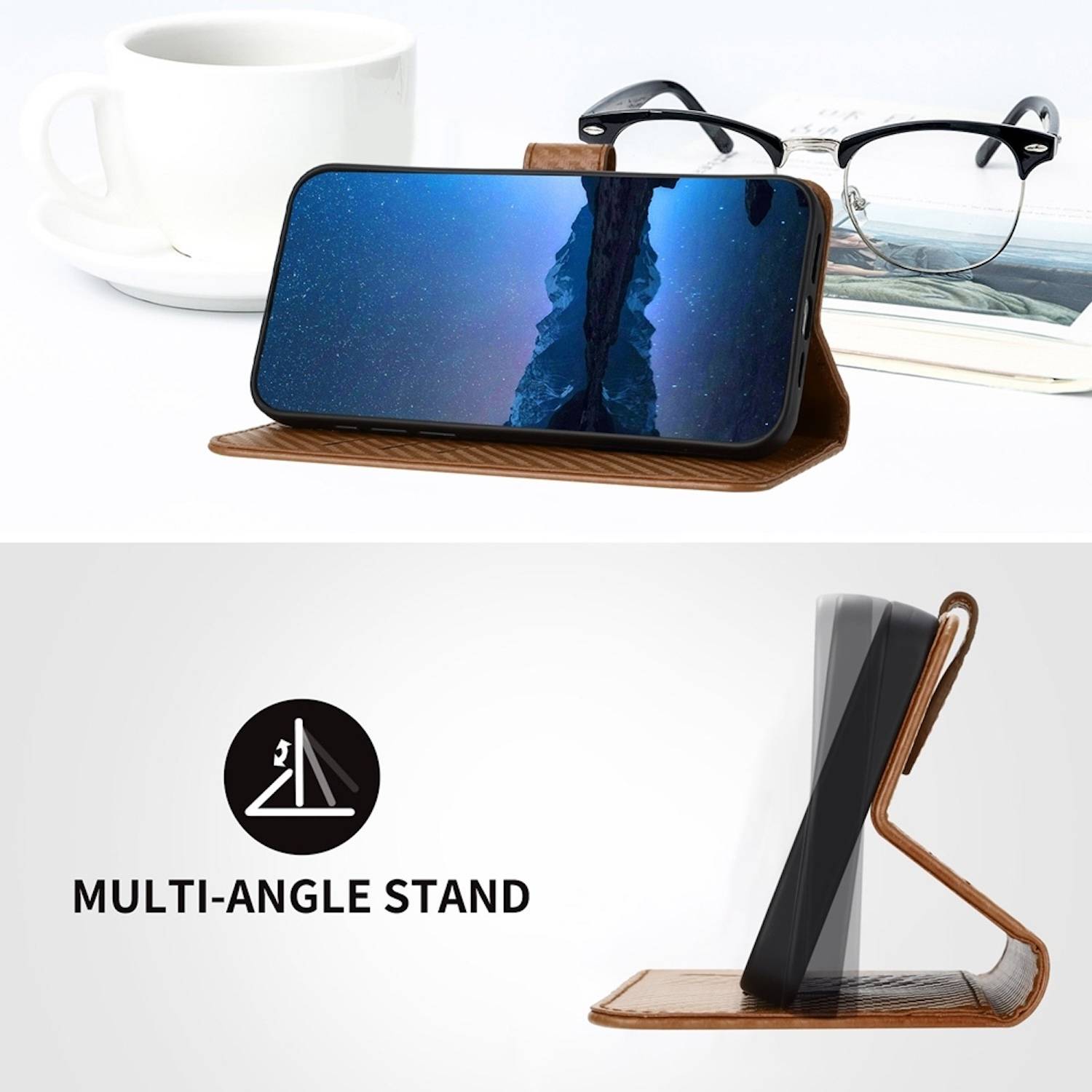 Für Xiaomi Redmi Note 14 5G Carbon Fiber Design Kunstleder Hülle Tasche mit Lanyard Braun