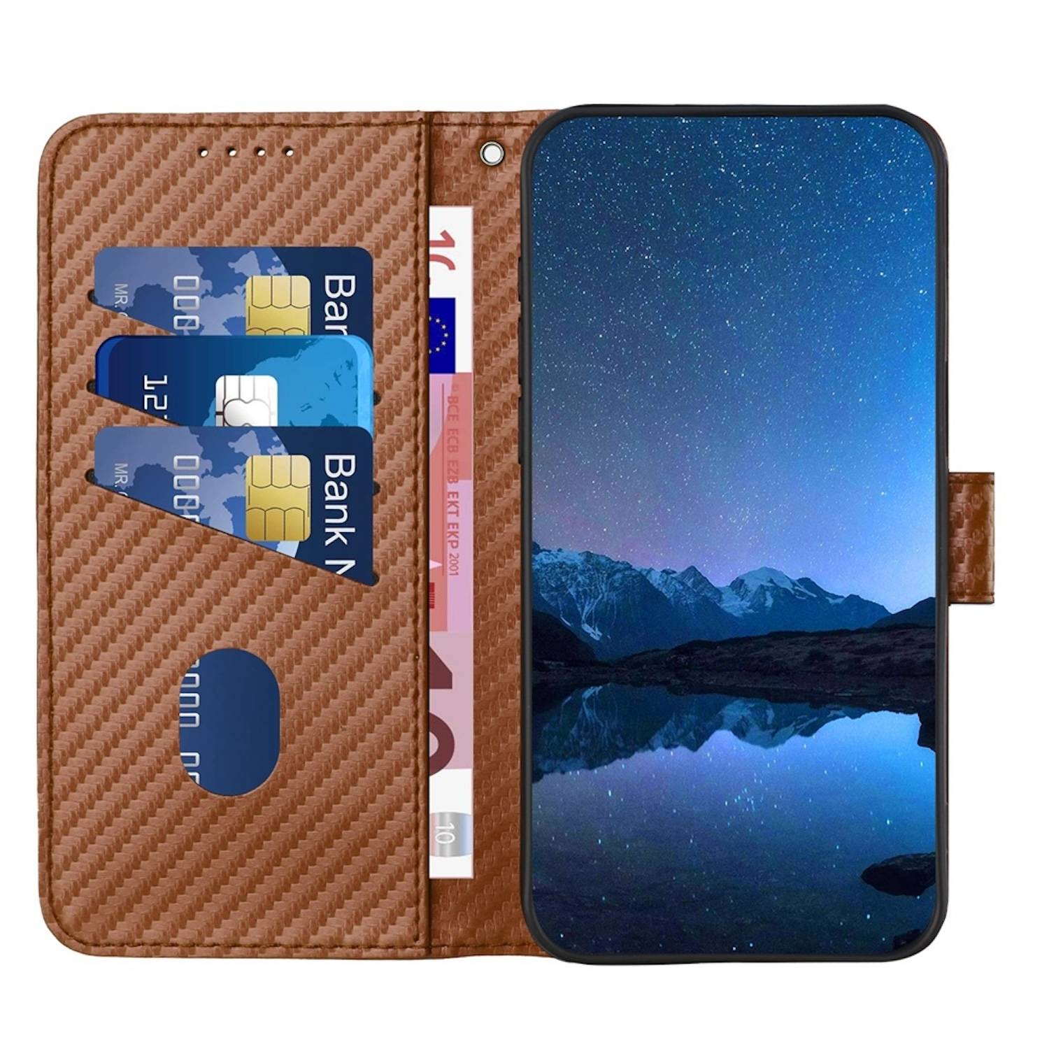 Für Xiaomi Redmi Note 14 Pro Plus 5G Carbon Fiber Kunstleder Hülle mit Lanyard Braun