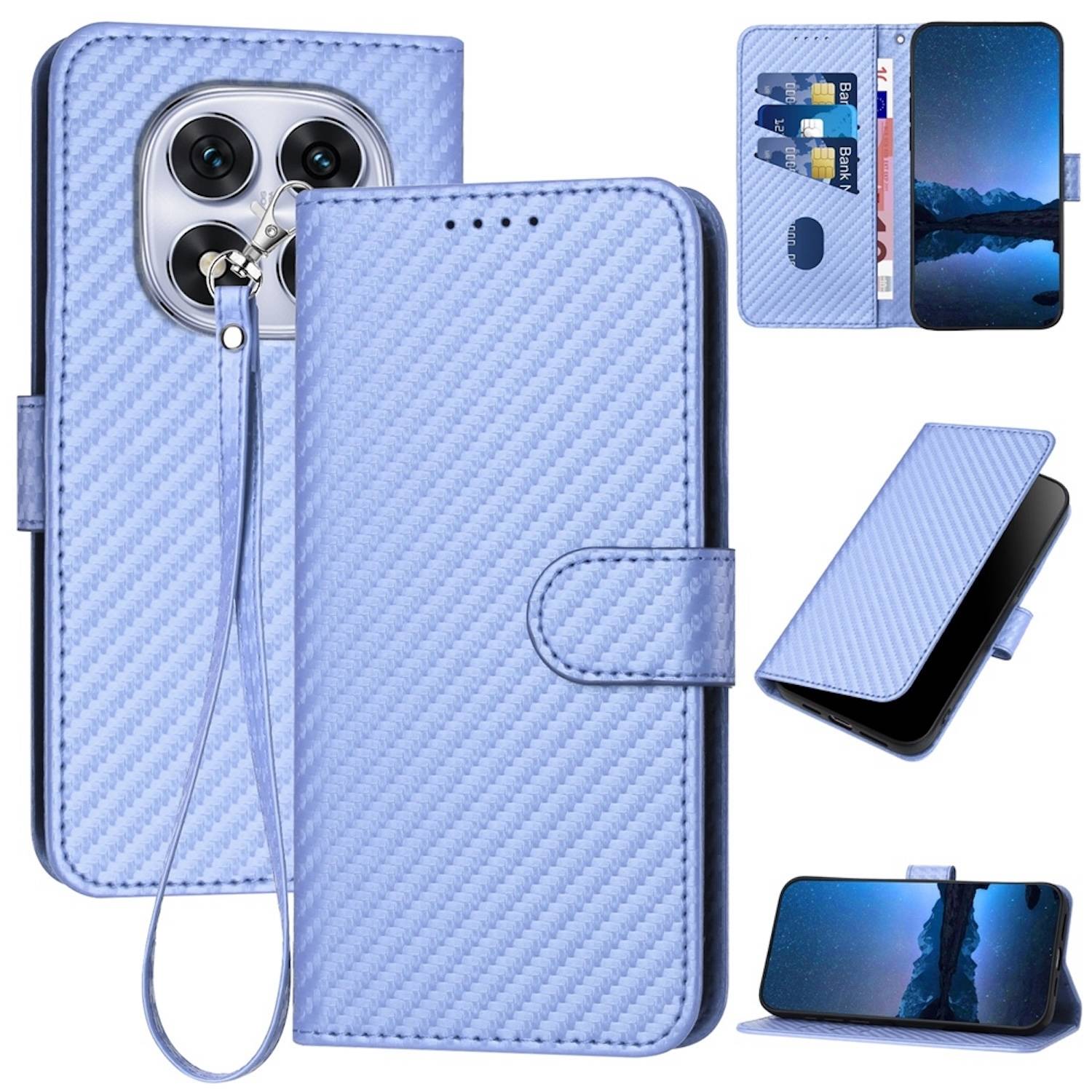 Für Xiaomi Redmi Note 14 Pro 5G Carbon Fiber Kunstleder Hülle mit Lanyard Hellblau