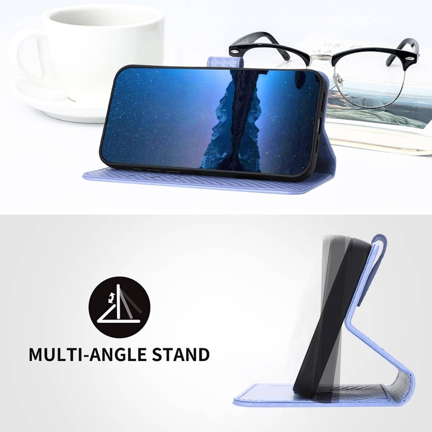 Für Xiaomi Redmi Note 14 5G Carbon Fiber Design Kunstleder Hülle Tasche mit Lanyard Hellblau