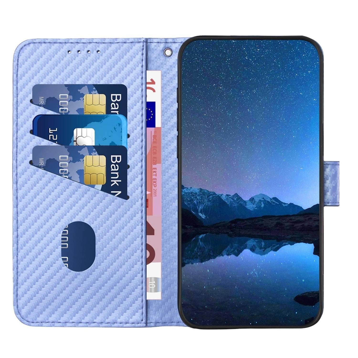 Für Xiaomi Redmi Note 14 5G Carbon Fiber Design Kunstleder Hülle Tasche mit Lanyard Hellblau
