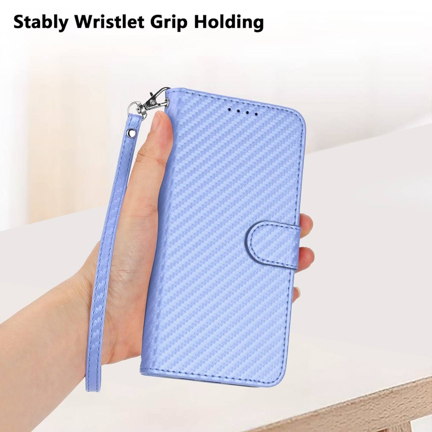 Für Xiaomi Redmi Note 14 5G Carbon Fiber Design Kunstleder Hülle Tasche mit Lanyard Hellblau