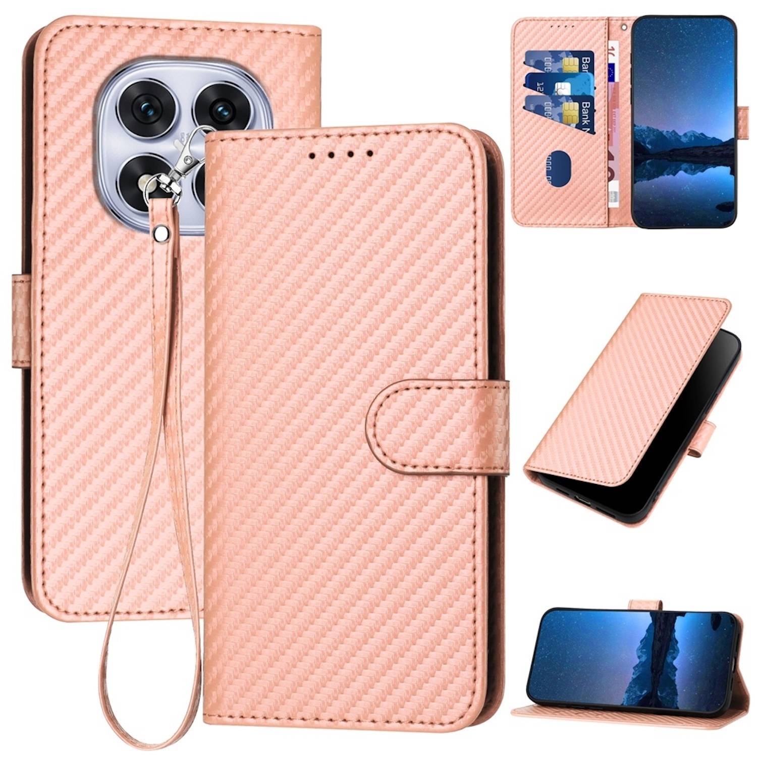 Für Xiaomi Redmi Note 14 Pro 5G Carbon Fiber Kunstleder Hülle mit Lanyard Rosa
