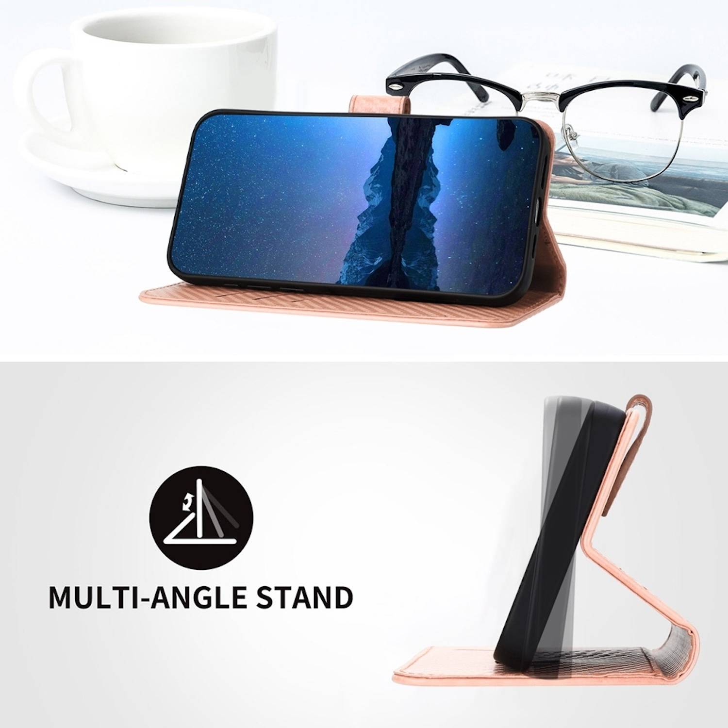 Für Xiaomi Redmi Note 14 Pro 5G Carbon Fiber Kunstleder Hülle mit Lanyard Rosa
