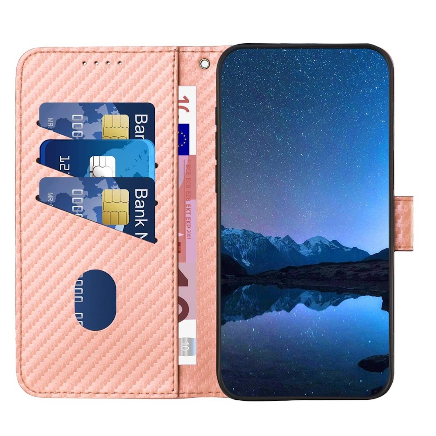 Für Xiaomi Redmi Note 14 Pro 5G Carbon Fiber Kunstleder Hülle mit Lanyard Rosa