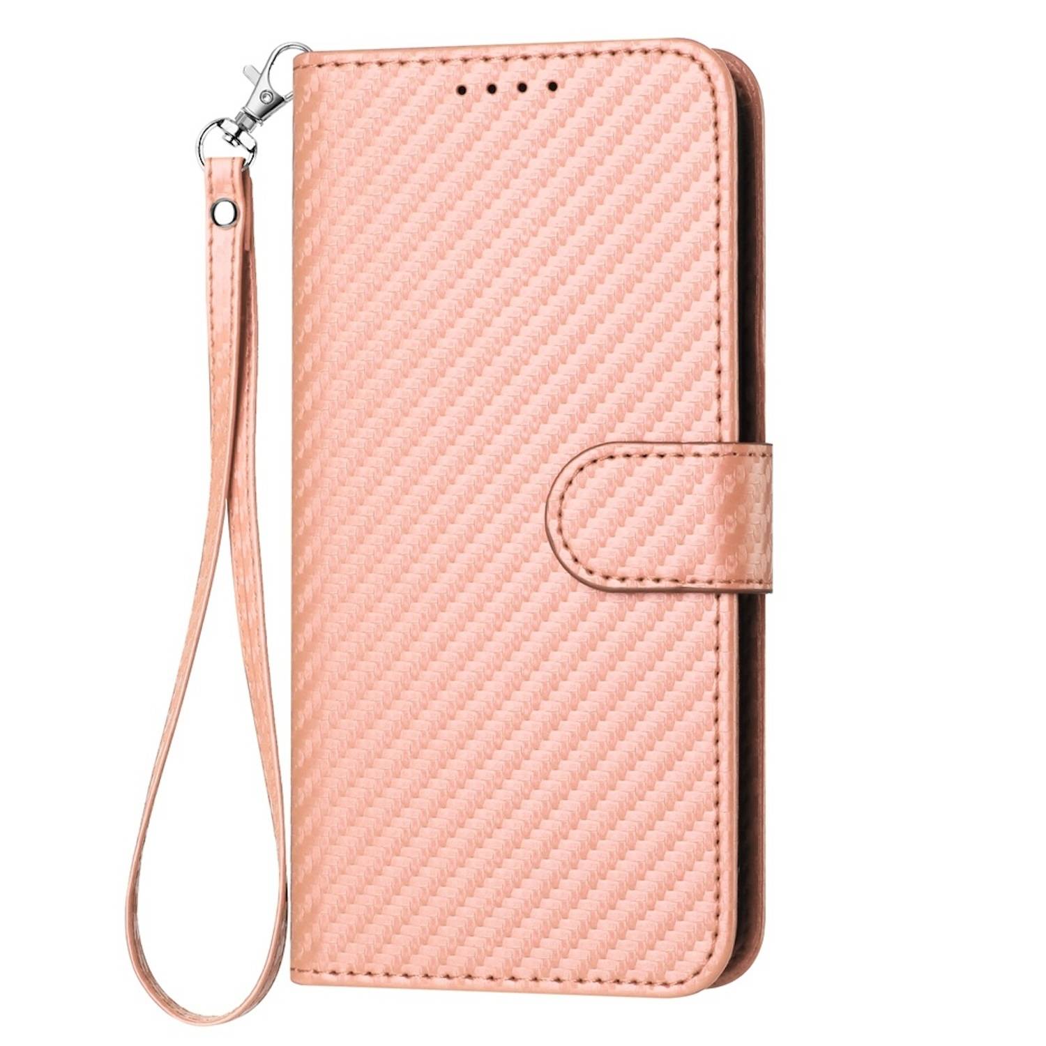 Für Xiaomi Redmi Note 14 Pro 5G Carbon Fiber Kunstleder Hülle mit Lanyard Rosa
