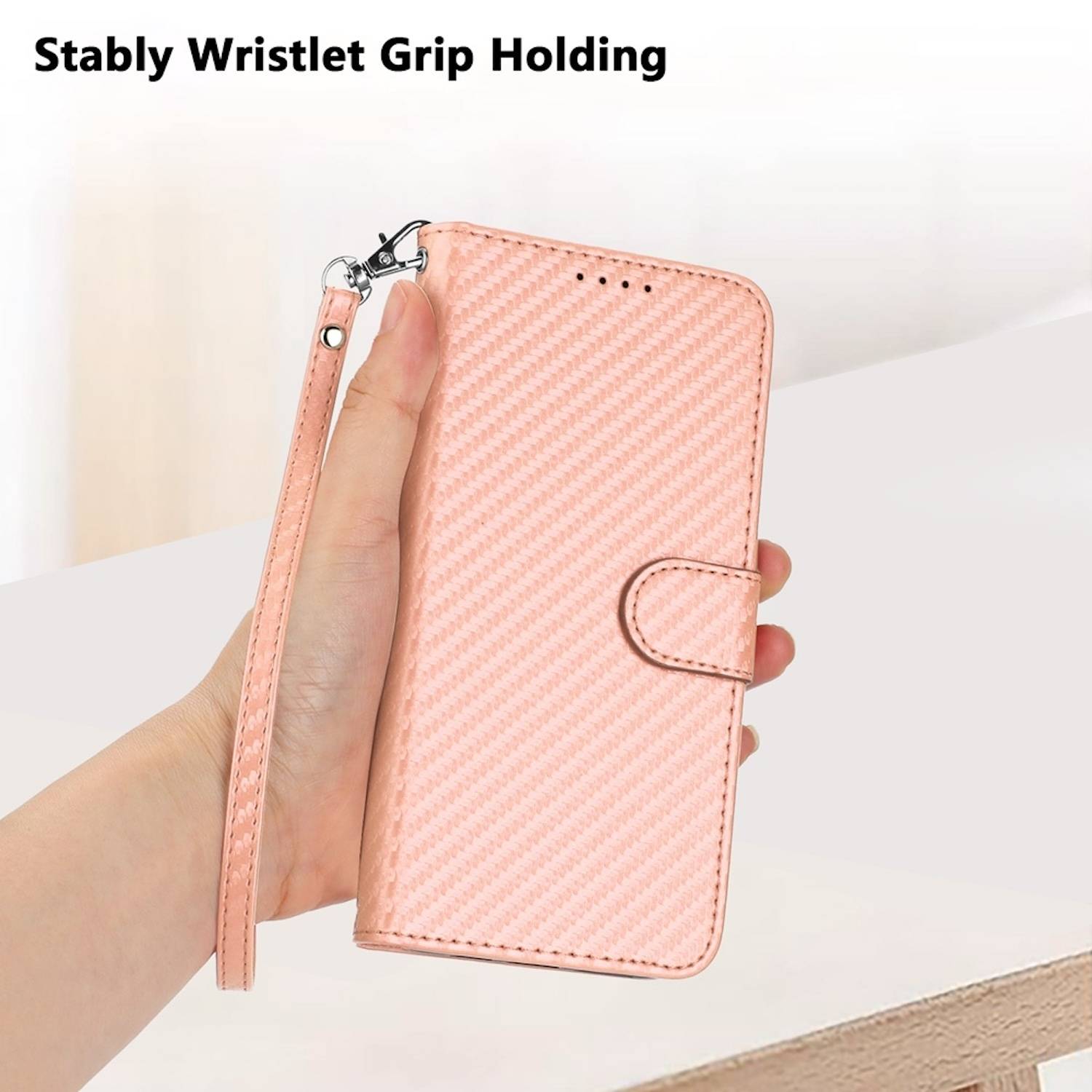 Für Xiaomi Redmi Note 14 Pro 5G Carbon Fiber Kunstleder Hülle mit Lanyard Rosa