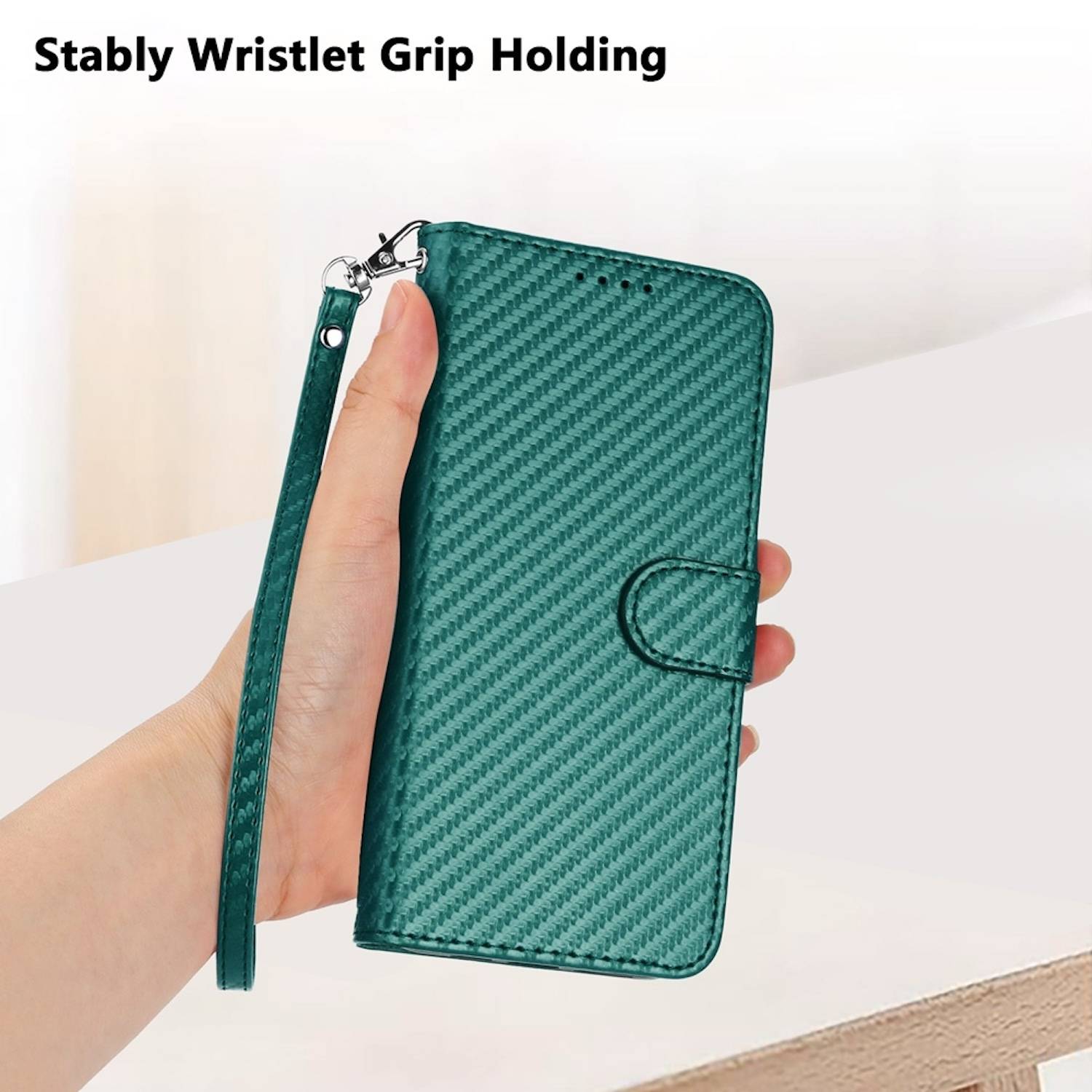 Für Xiaomi Redmi Note 14 Pro Plus 5G Carbon Fiber Kunstleder Hülle mit Lanyard Grün