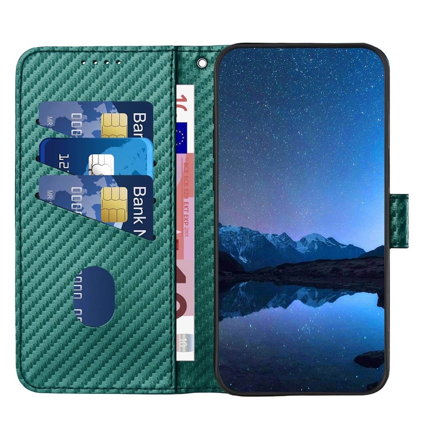 Für Xiaomi Redmi Note 14 Pro Plus 5G Carbon Fiber Kunstleder Hülle mit Lanyard Grün