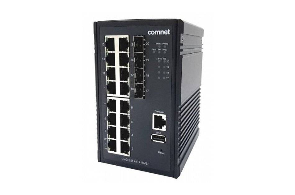 Frontansicht eines Comnet Industrial Ethernet Switches mit mehreren RJ45-Anschlüssen, Konsolen- und USB-Anschlüssen, dargestellt auf weißem Hintergrund.