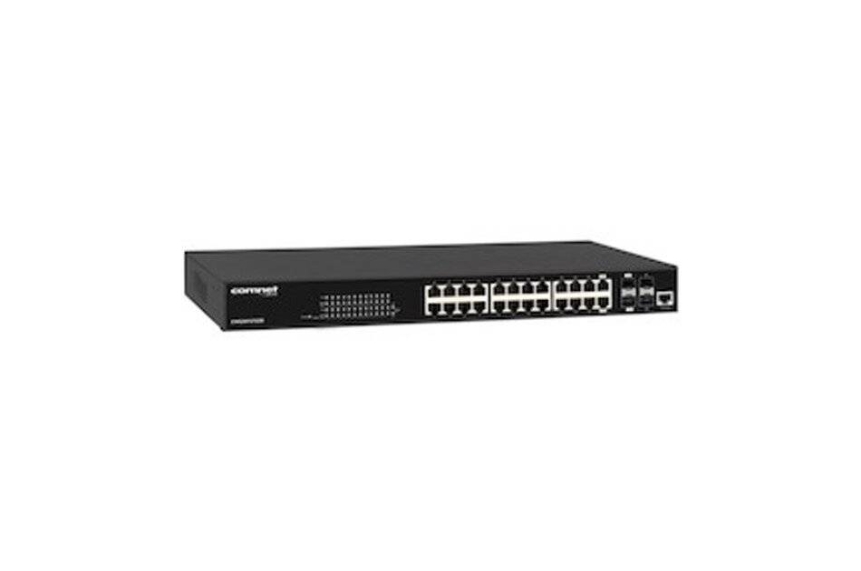 Schwarzer Ethernet-Netzwerk-Switch mit mehreren Frontplattenfenstern auf weißem Hintergrund.