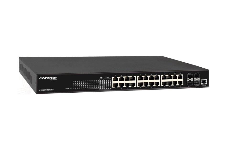 Vorderansicht eines Comnet-Netzwerk-Switches mit mehreren Ethernet-Anschlüssen und Status-LEDs auf weißem Hintergrund.