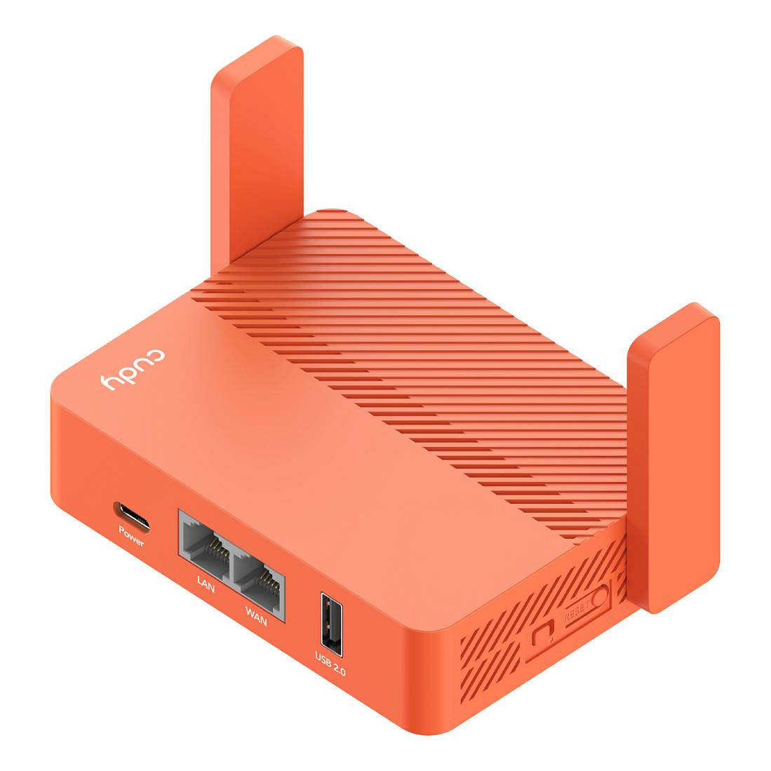 Ein orangefarbener WLAN-Router mit zwei Antennen, ausgestattet mit einem LAN-Anschluss, WAN-Anschluss, USB-2.0-Anschluss und Stromeingang.