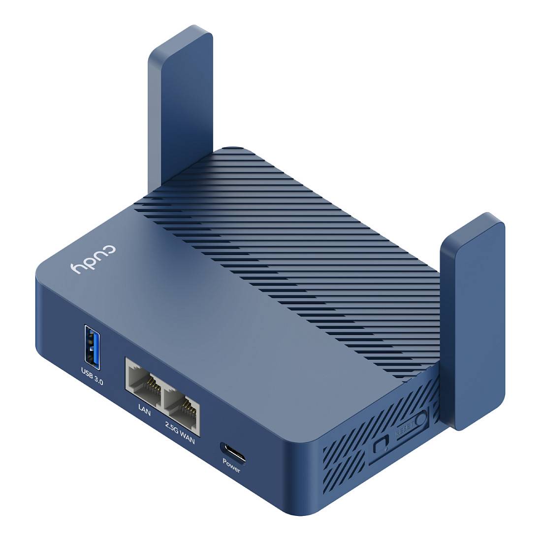 Ein blauer Mini-Router mit Antennen, mit Anschlüssen, die mit „USB 3.0