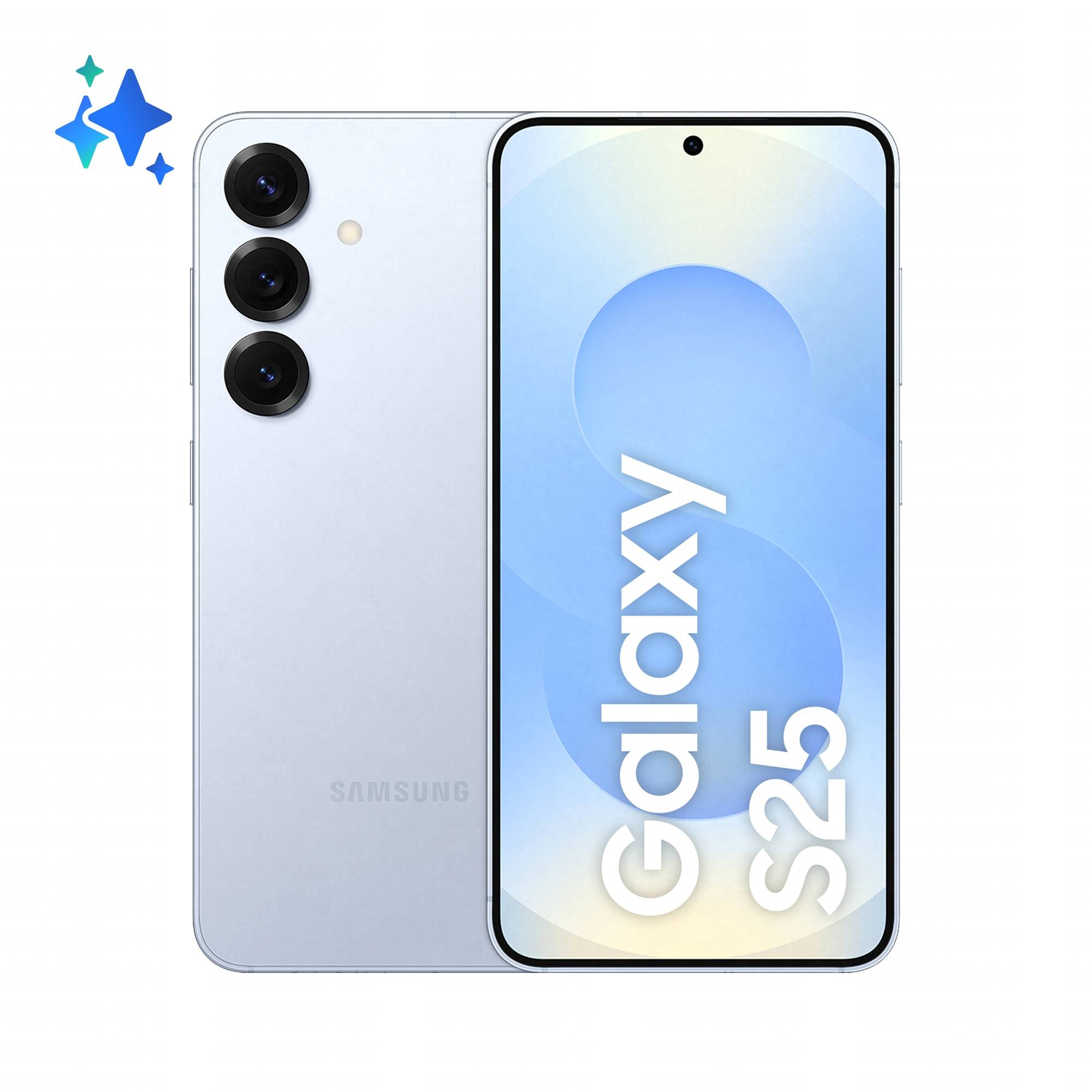 Samsung Galaxy S25 Smartphone von vorne und hinten gezeigt, silberne Ausführung mit dreifacher Rückkamera und 