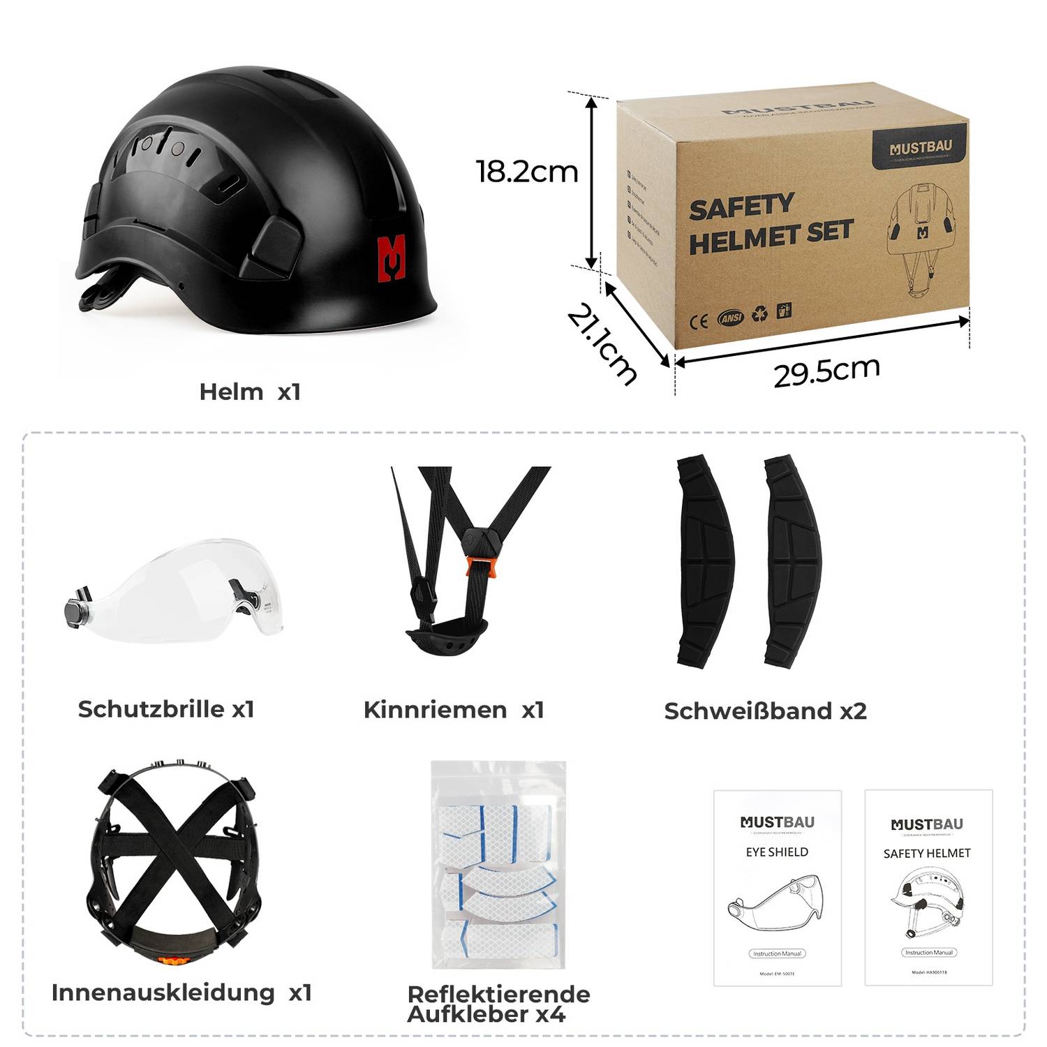 Mustbau Sicherheitshelm, EN397 Schutzhelme mit Schweißband und Visier, 53 bis 63cm Verstellbarer Kopfumfang, strapazierfähiges ABS-Material Für Mä