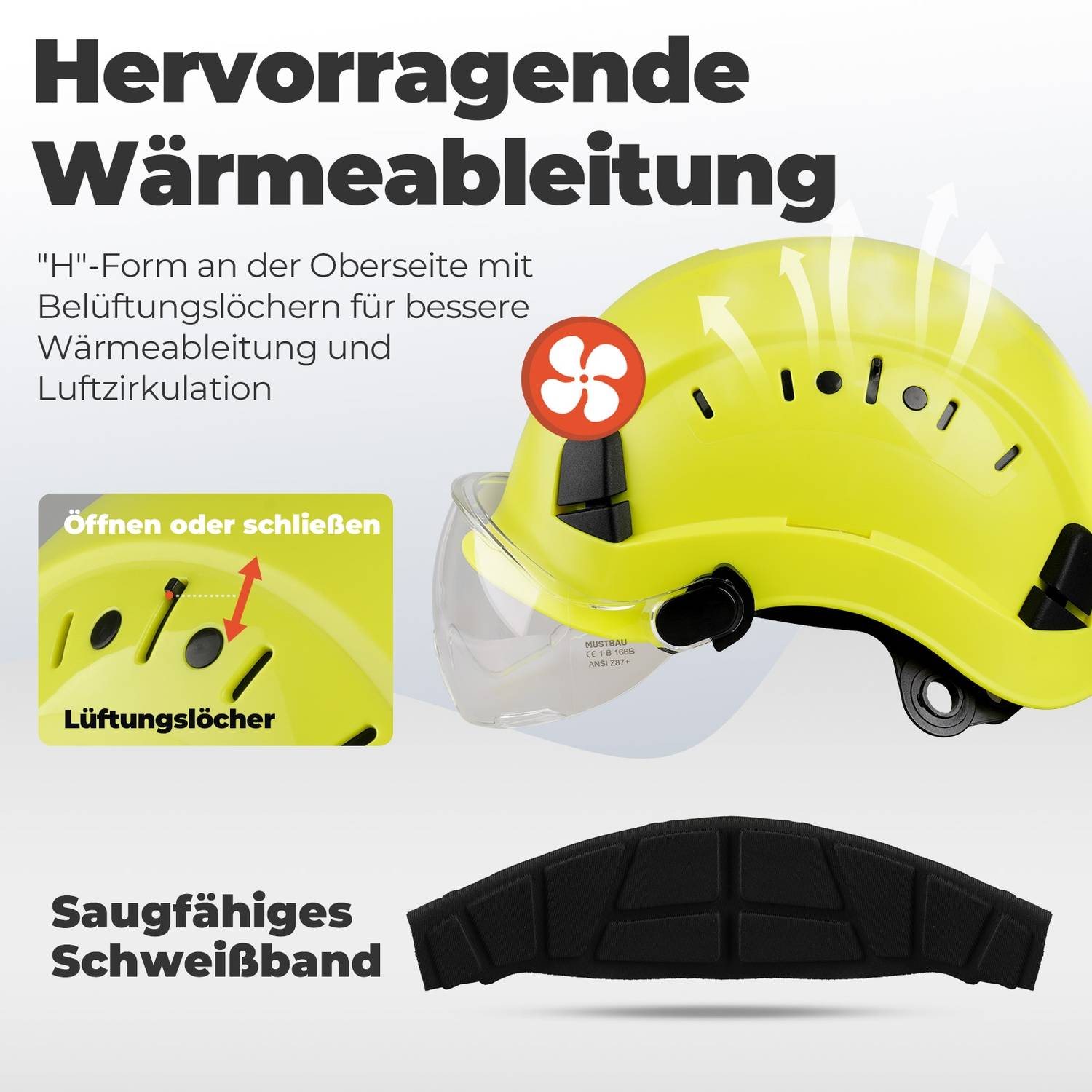 Mustbau Sicherheitshelm, EN397 Schutzhelme mit Schweißband und Visier, 53 bis 63cm Verstellbarer Kopfumfang, strapazierfähiges ABS-Material Für Mä