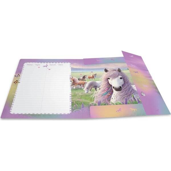 Notizbuch mit linierten Seiten und einer bunten Pferdeillustration auf dem Umschlag, entworfen mit lila Pastellrändern.