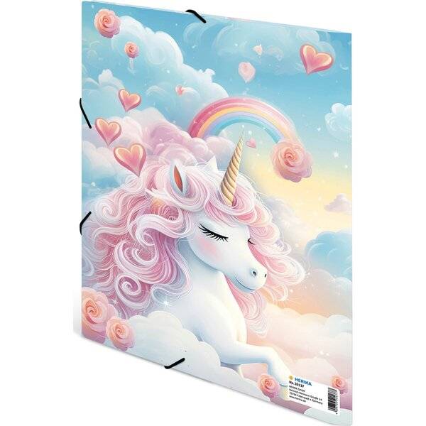 Illustration eines Pastelleinhorns mit rosa Locken, Herzen, Rosen und einem Regenbogen in einem bewölkten Himmel.