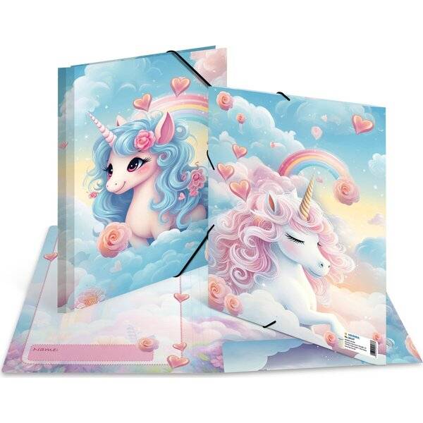 Pastell-Einhornmotiv-Schreibwarenmappe oder Ordner mit Wolken, Regenbögen, Herzen und Rosen, mit zwei illustrierten Einhornporträts auf dem Umschlag und Einsatz.