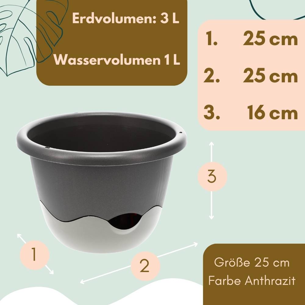 Blumentopf hängend Blumenampel Hängetopf Hängeampel Hängender Blumentopf Hängeblumentopf Outdoor inkl. Kette Wasserspeicher 25 cm anthrazit