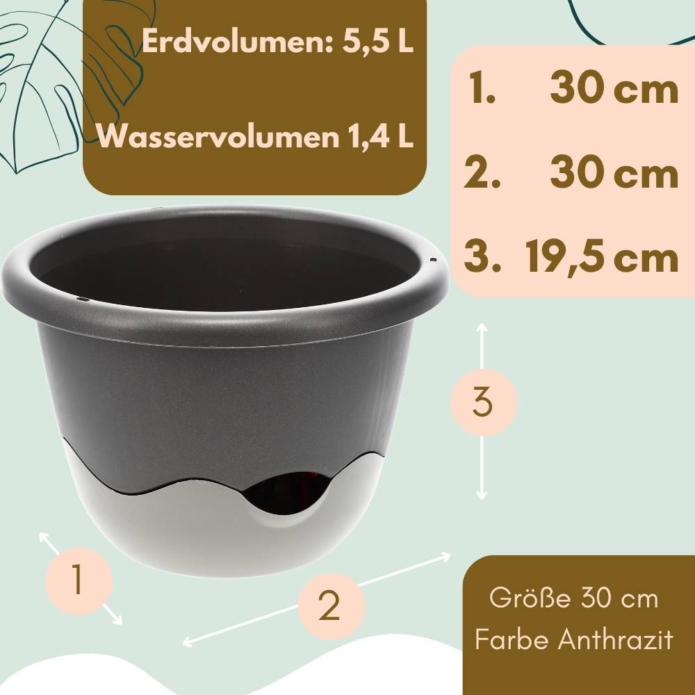 Blumentopf hängend Blumenampel Hängetopf Hängeampel Hängender Blumentopf Hängeblumentopf Outdoor inkl. Kette Wasserspeicher 30 cm anthrazit
