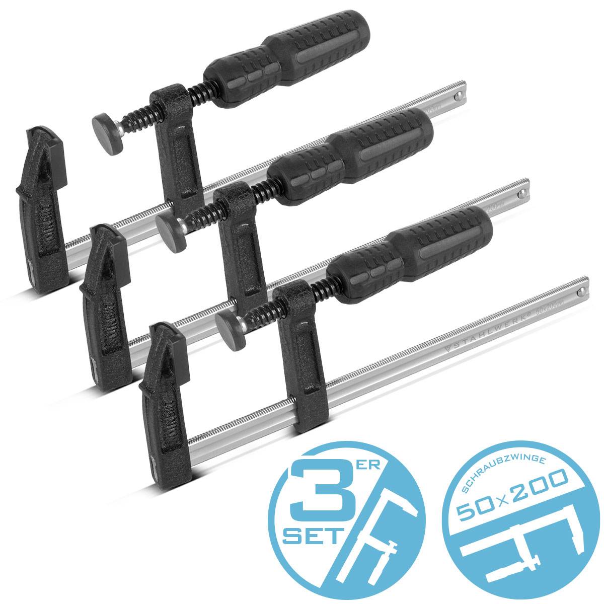STAHLWERK 3 x Schraubzwinge 50x200 mm Klemmzwinge stabile F-Zwinge