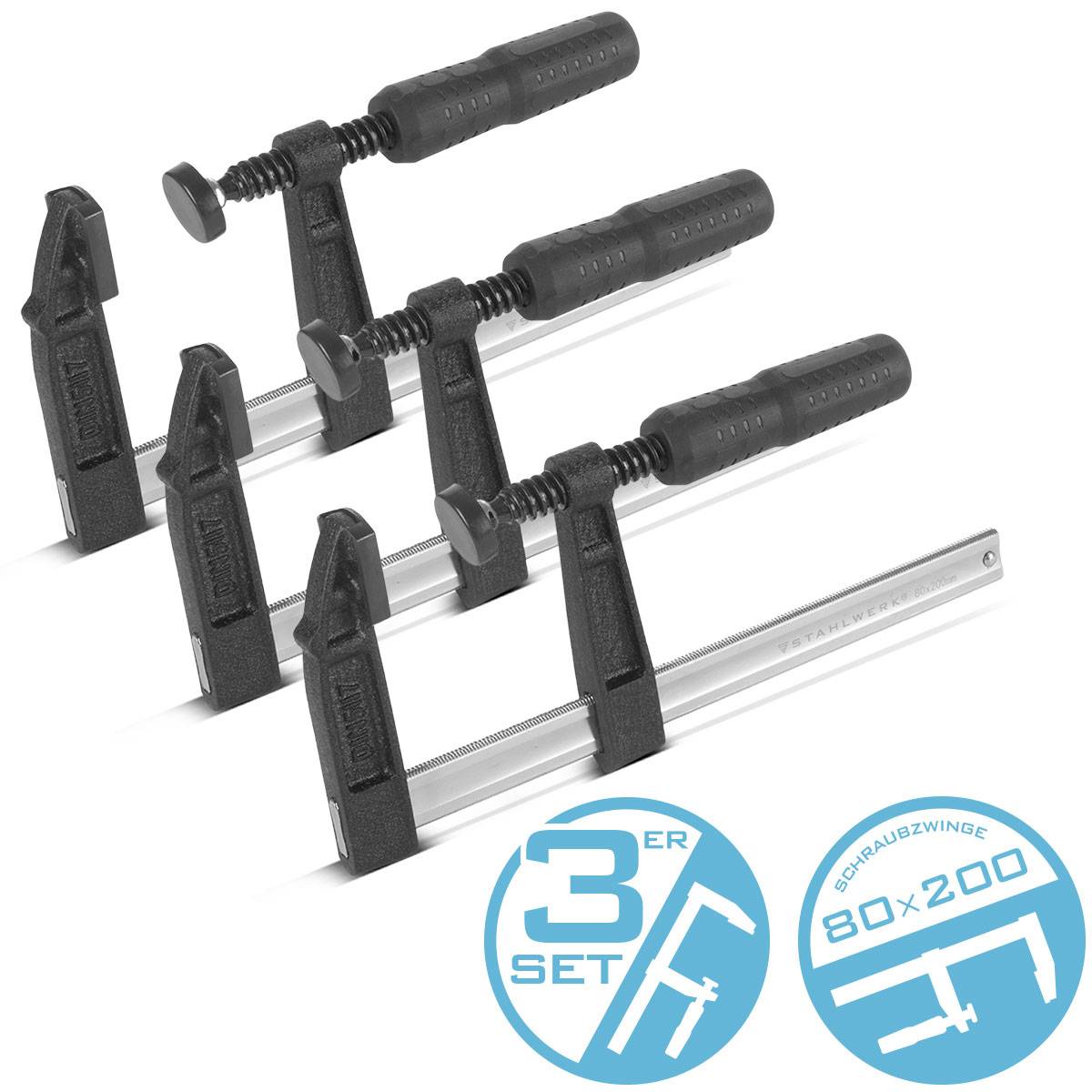 STAHLWERK 3 x Schraubzwinge 80x200 mm Klemmzwinge stabile F-Zwinge