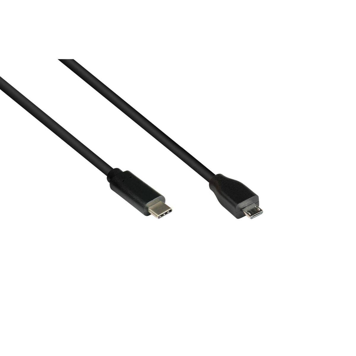 Ein schwarzes Kabel mit einem USB-C-Anschluss auf der einen Seite und einem Micro-USB-Anschluss auf der anderen Seite, das zum Laden oder zur Datenübertragung verwendet wird.