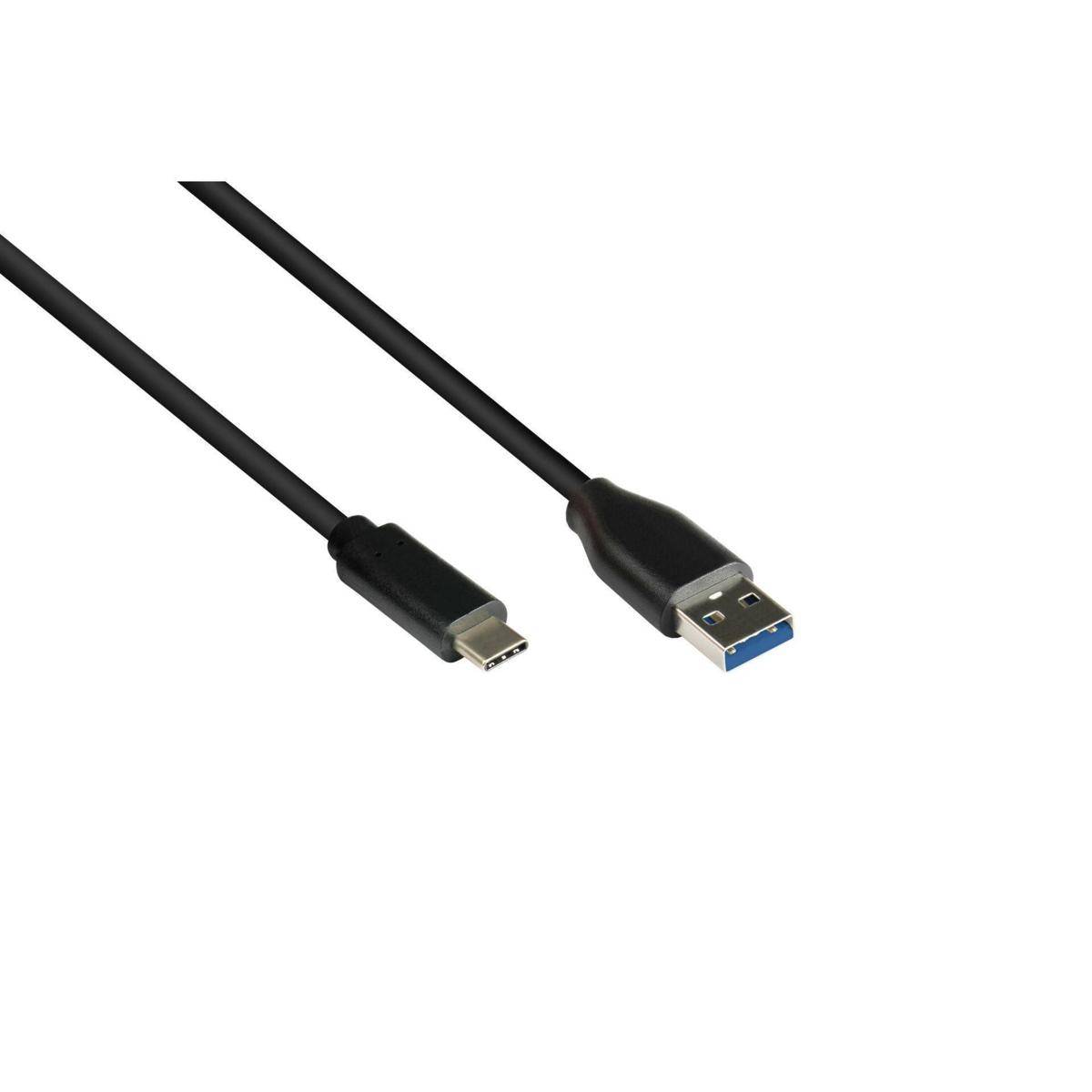 Ein schwarzes Kabel mit einem USB-Typ-C-Stecker auf der einen Seite und einem USB-Typ-A-Stecker auf der anderen Seite, das zur Datenübertragung und zum Aufladen verwendet wird.