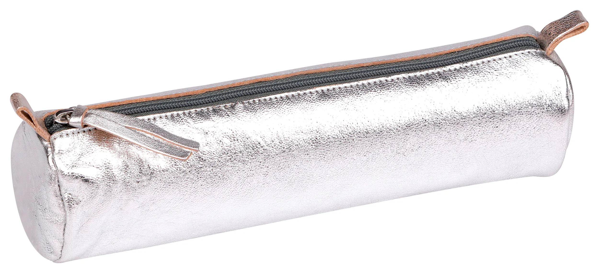Clairefontaine 4x Schlampermäppchen Leder Cuirisé rund Ø5,5x22cm Silber 8688C