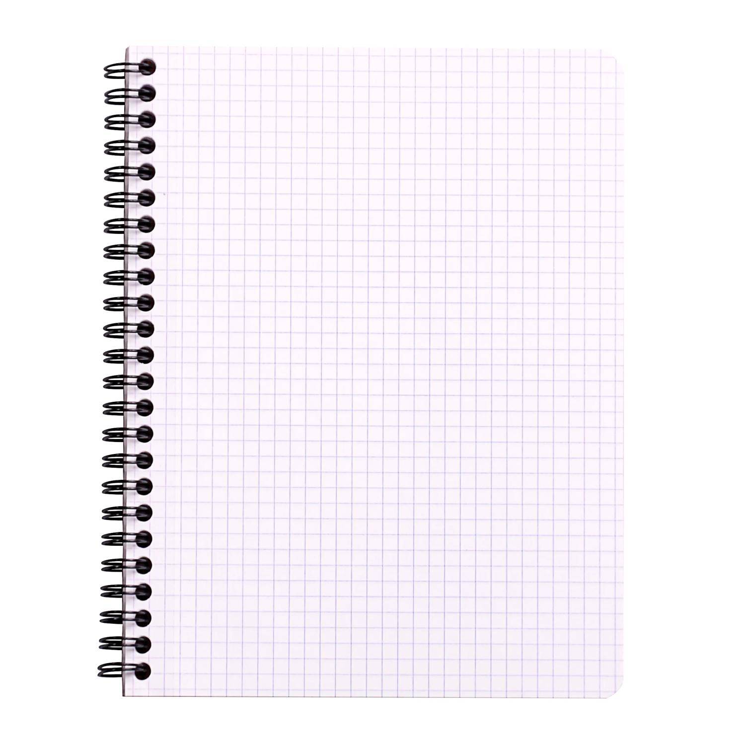 Leere spiral­gebundene Millimeterpapier-Notizbuchseite mit linksseitiger Spiralbindung und leichten quadratischen Gitterlinien.