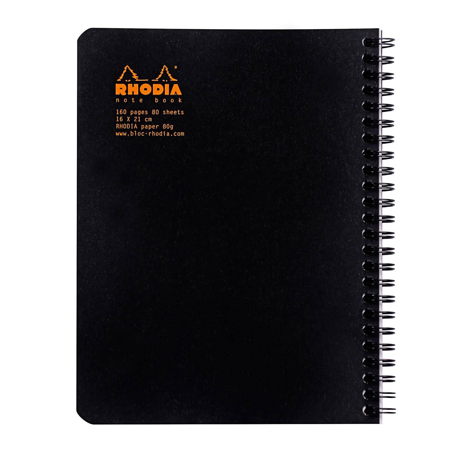 Schwarzes Rhodia-Spiralblock mit orangem Logo und Text auf dem Umschlag.