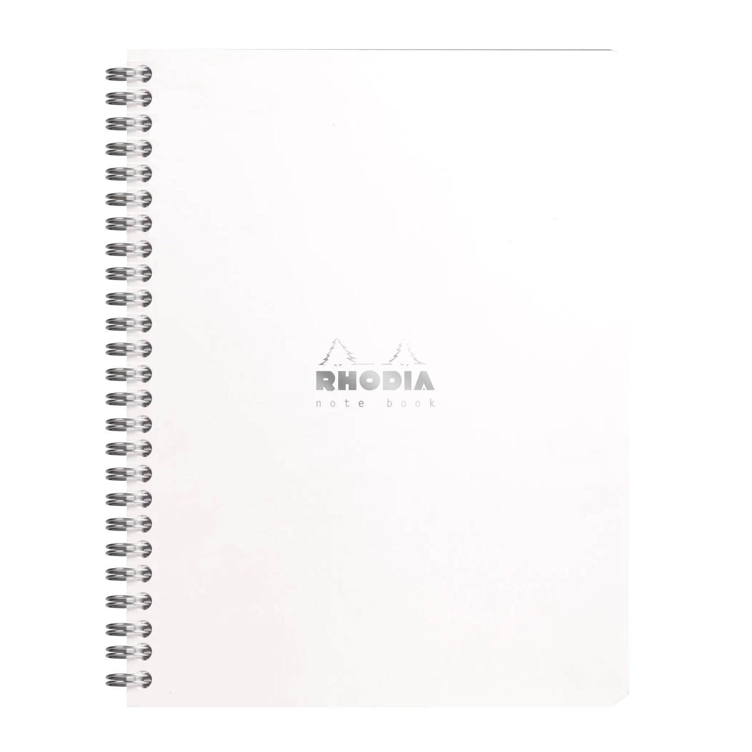 Weißer Rhodia-Spiralblock mit zentriertem "RHODIA note book""-Logo und MetallspiralBindung auf der linken Seite.